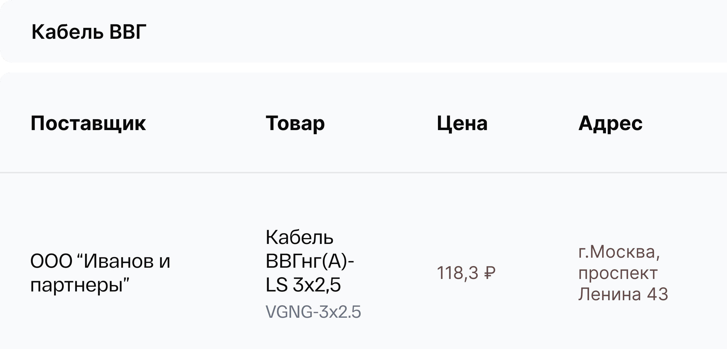 Поиск поставщиков: поле запроса и таблица с предложениями по товару